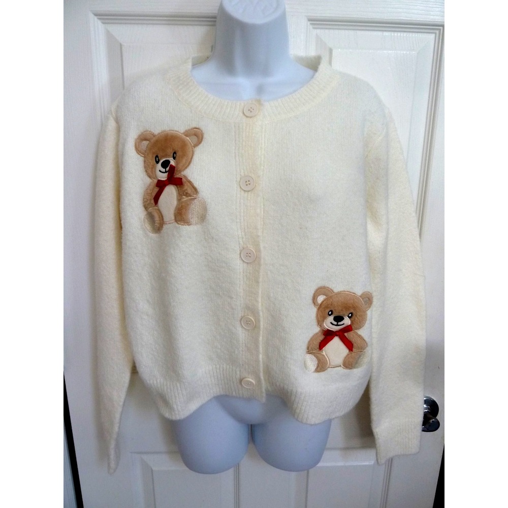 Threaded Leaf Teddy Bear Cardigan Sweater Cream Fuzzy Cropped Y8801 Mens M